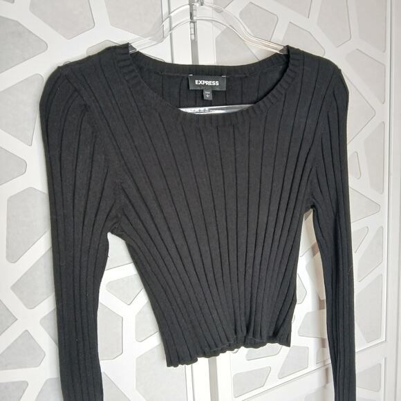 Express Black Stretch Ribbed Crop Crew Neck Sweater Womens LG Goth Academia - Picture 2 of 9